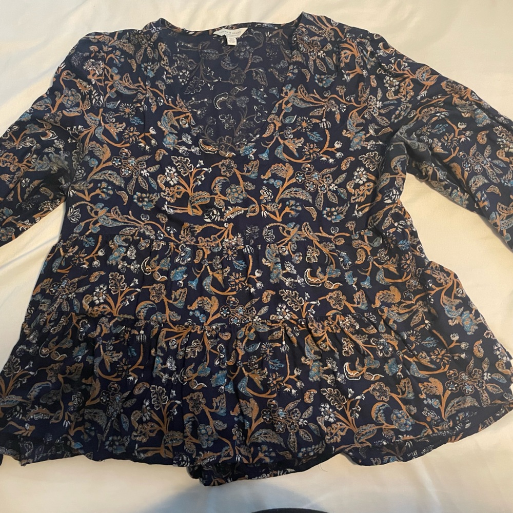 Lucky Brand Navy and Brown Floral Blouse